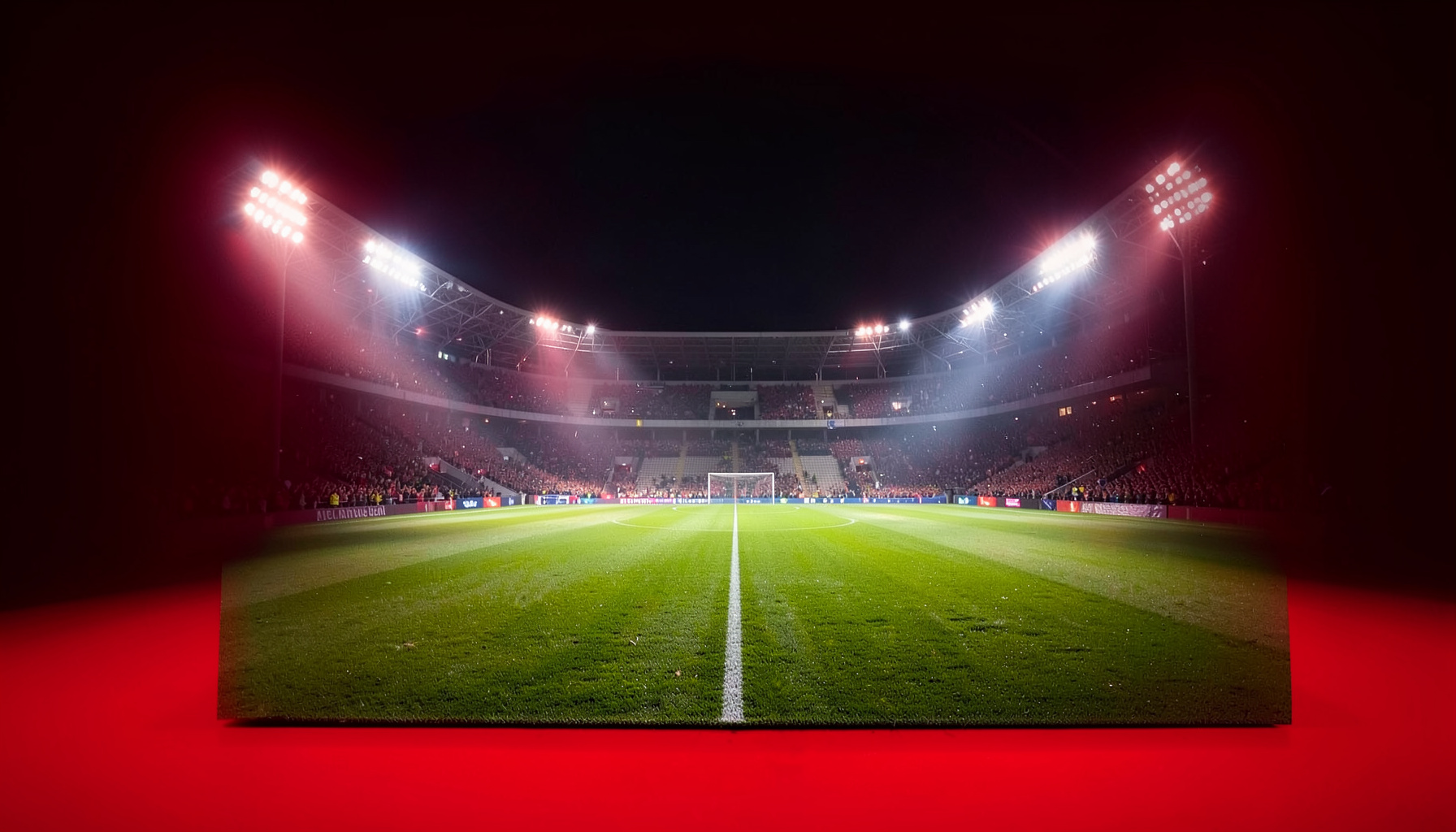 Latar stadion hijau terang dengan lampu sorot menyala, suasana malam pertandingan yang dramatis dan bersemangat.