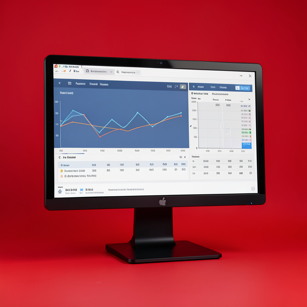 Layar monitor menampilkan grafik dan data statistik sepak bola dengan warna biru tua dan putih
